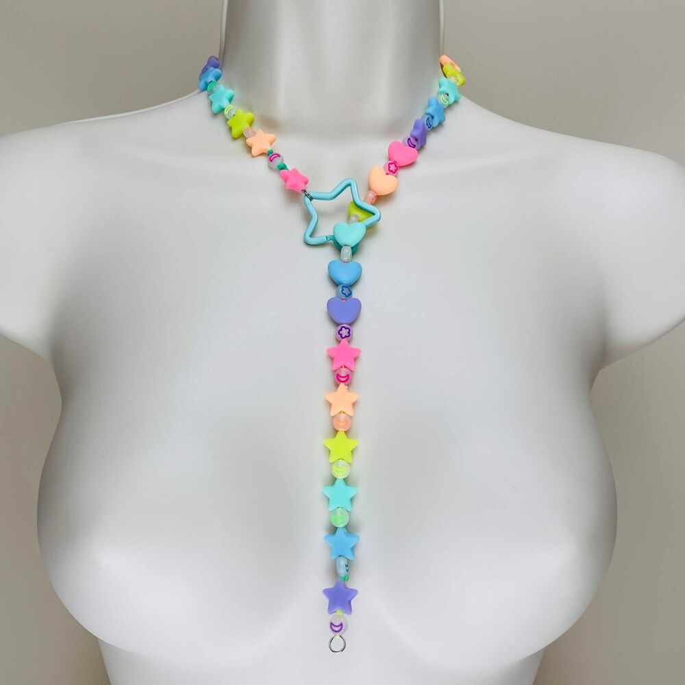 Rave glow heart star pastel rainbow Silicone lariat necklace (Kandi Sweet Tart)